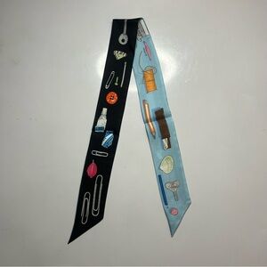 Hermes Black and Light Blue Silk Twilly Scarf with Office Supplies Print